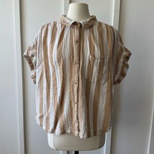 Old Navy 100% Cotton Striped Button-Down Shirt – Tan & White, Short Sleeve